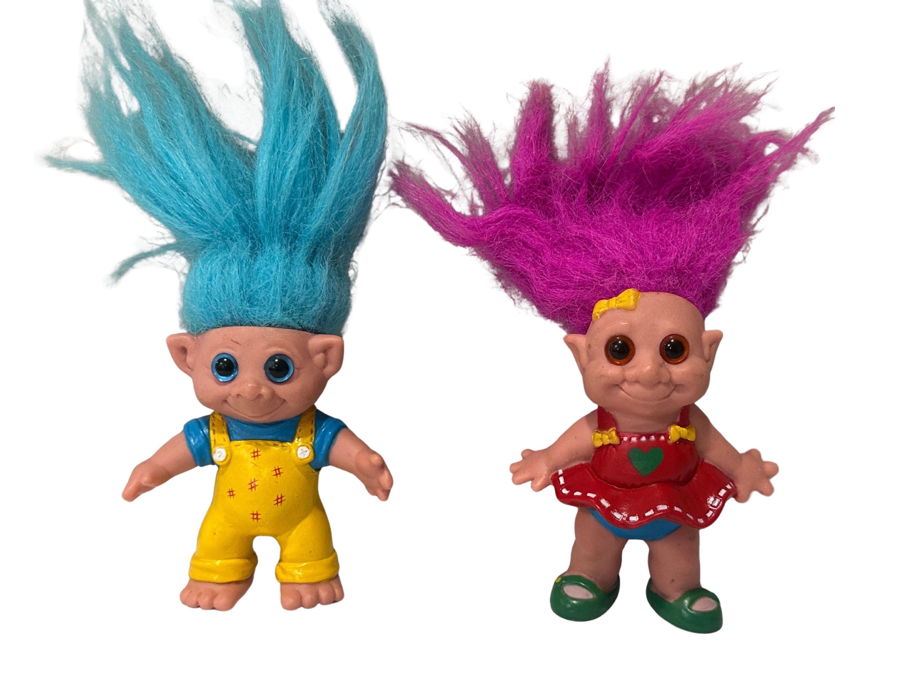Vintage 1990s troll doll lot of 2 | blue & pink hair russ style trolls | retro 90s toy collectible pair | nostalgia decor