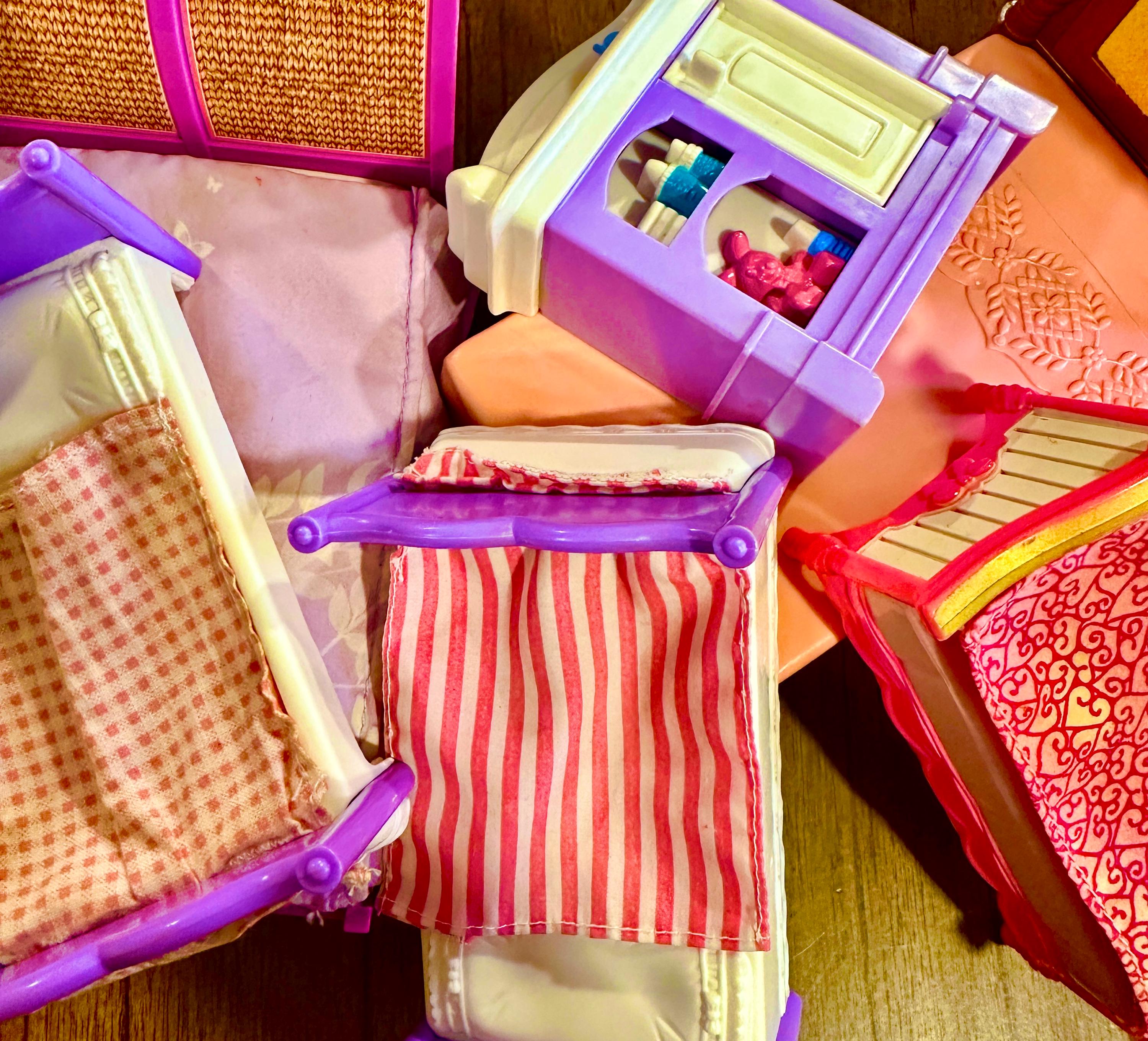 Vtg fisher-price 90s-00s dream dollhouse, loving family, and barbie bedroom and nursery furniture plus baby gear