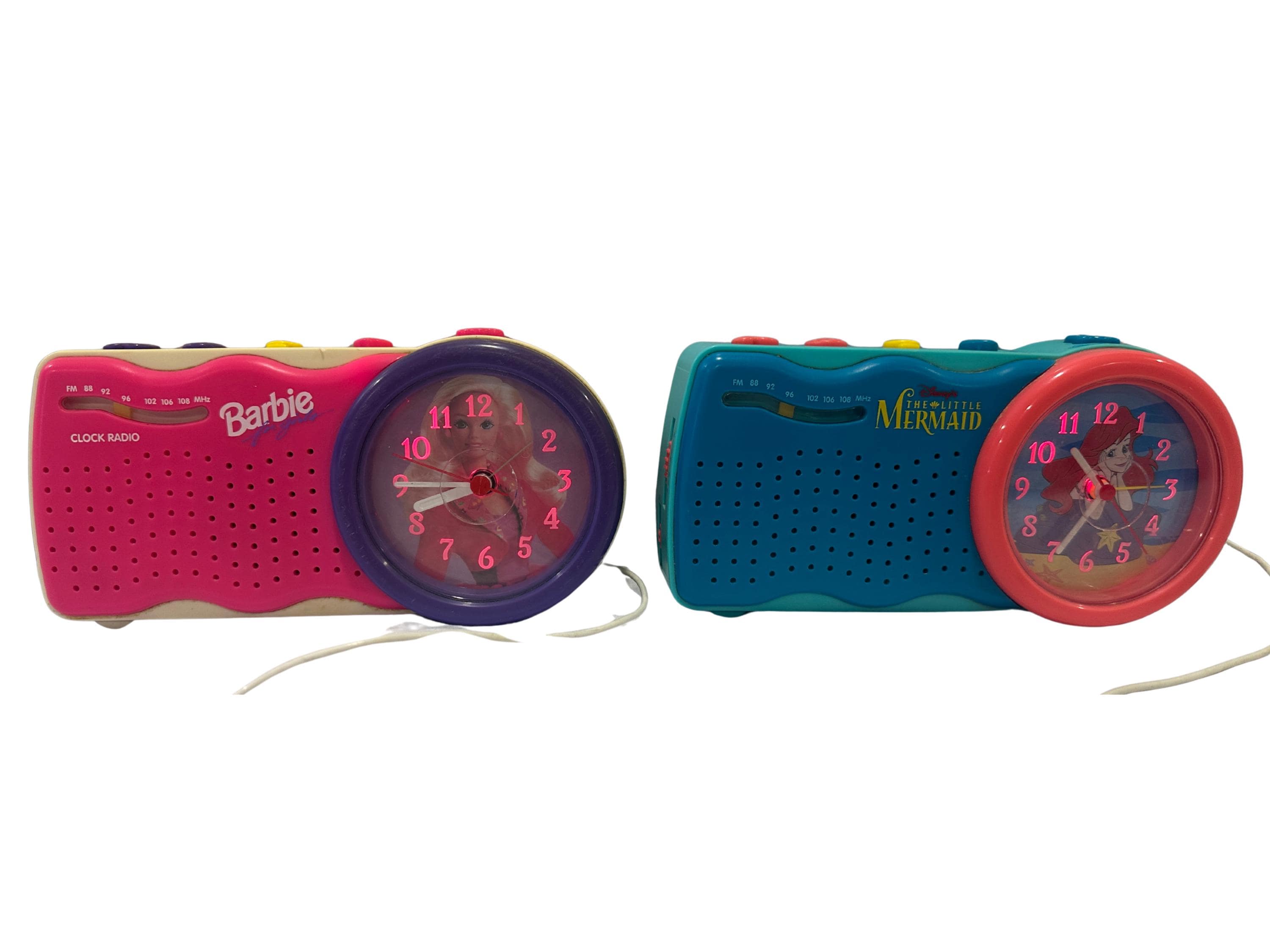 1990s clock radios: disney little mermaid and barbie | working night lights | vintage retro bedroom decor | sold as is