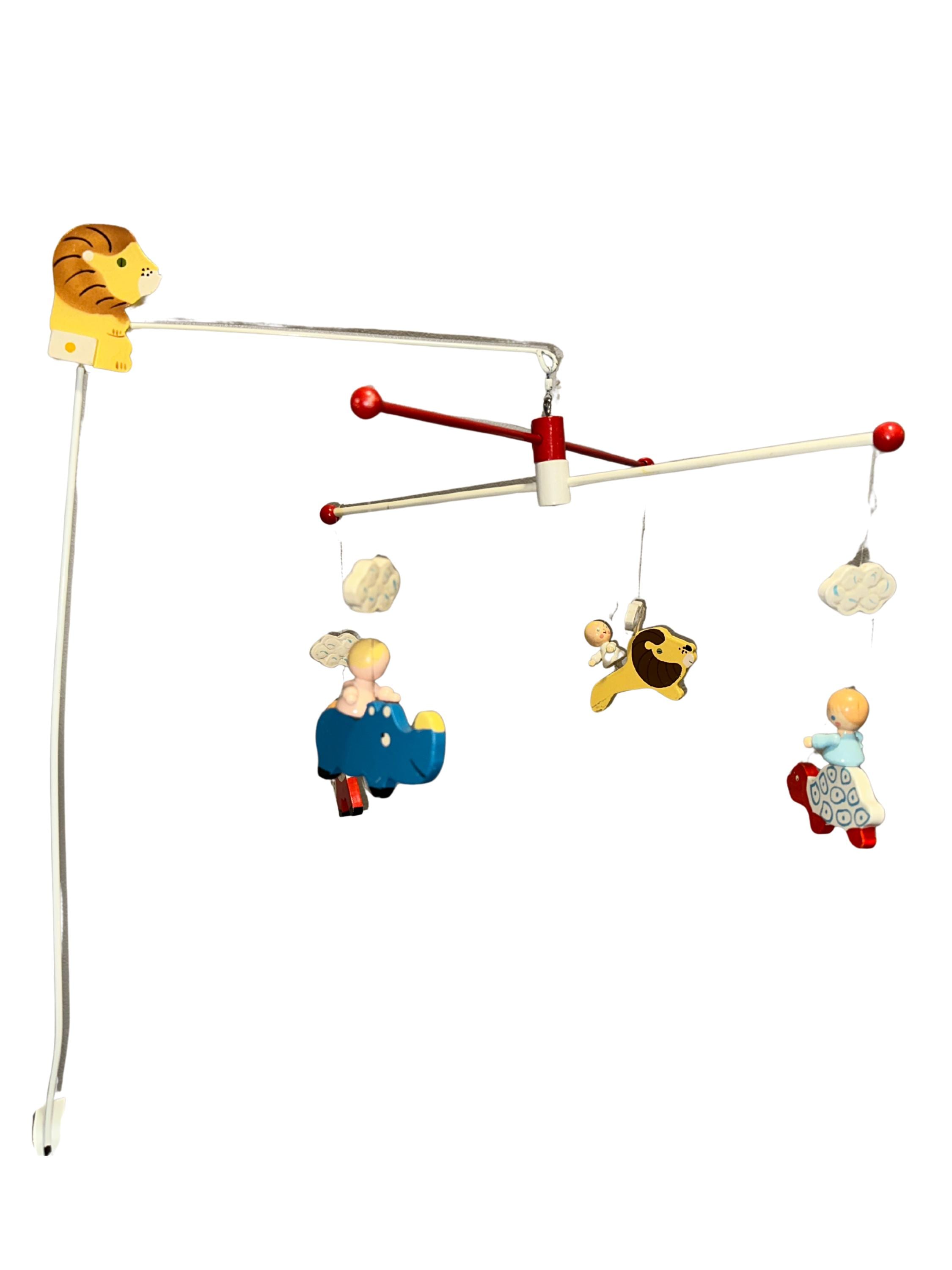 Vintage irmi wooden nursery mobile – children riding animals – 1960s hand-painted – as-is collector display