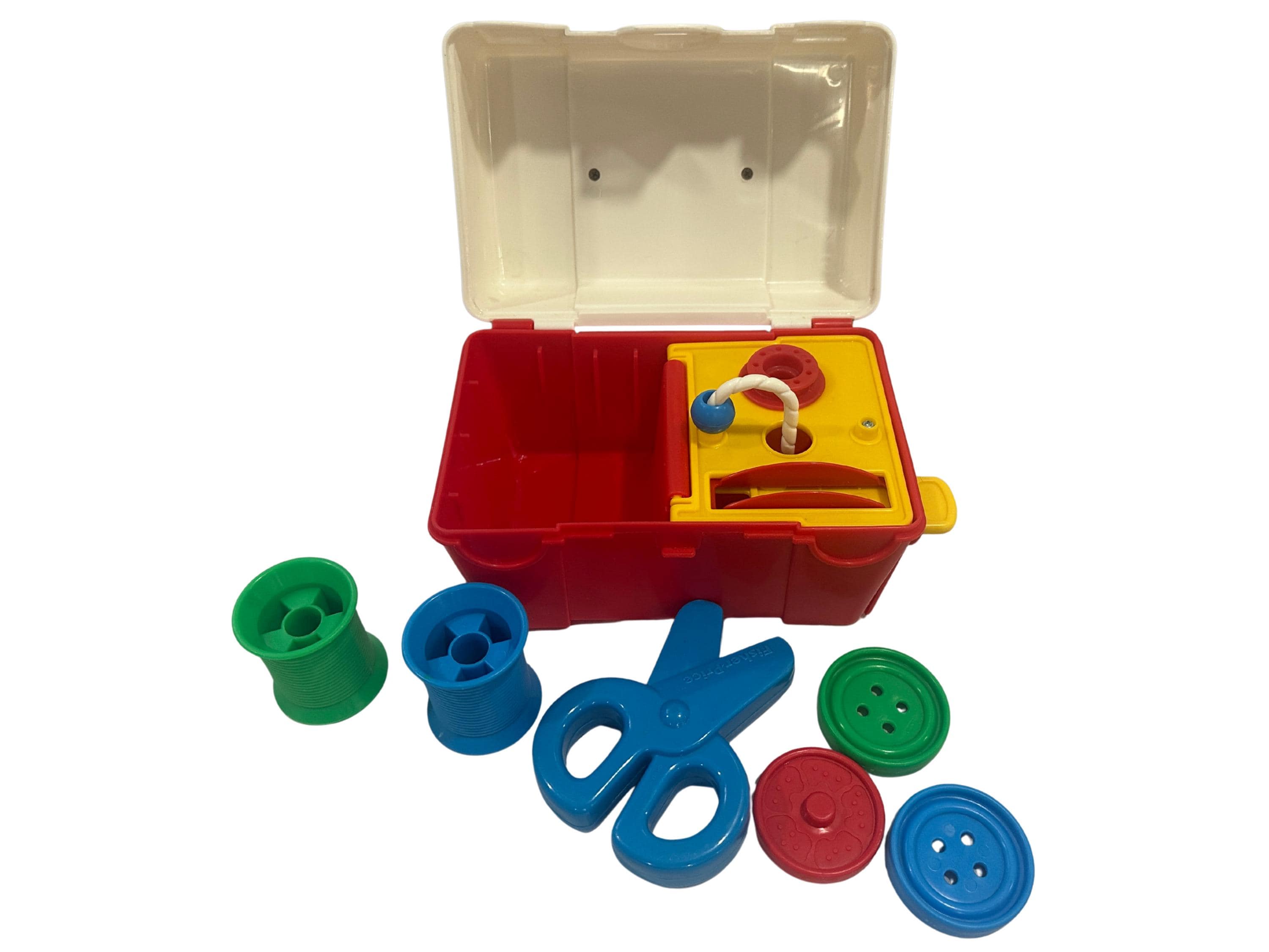 Vintage 1991 fisher-price sewing basket activity case with accessories red white plastic toy