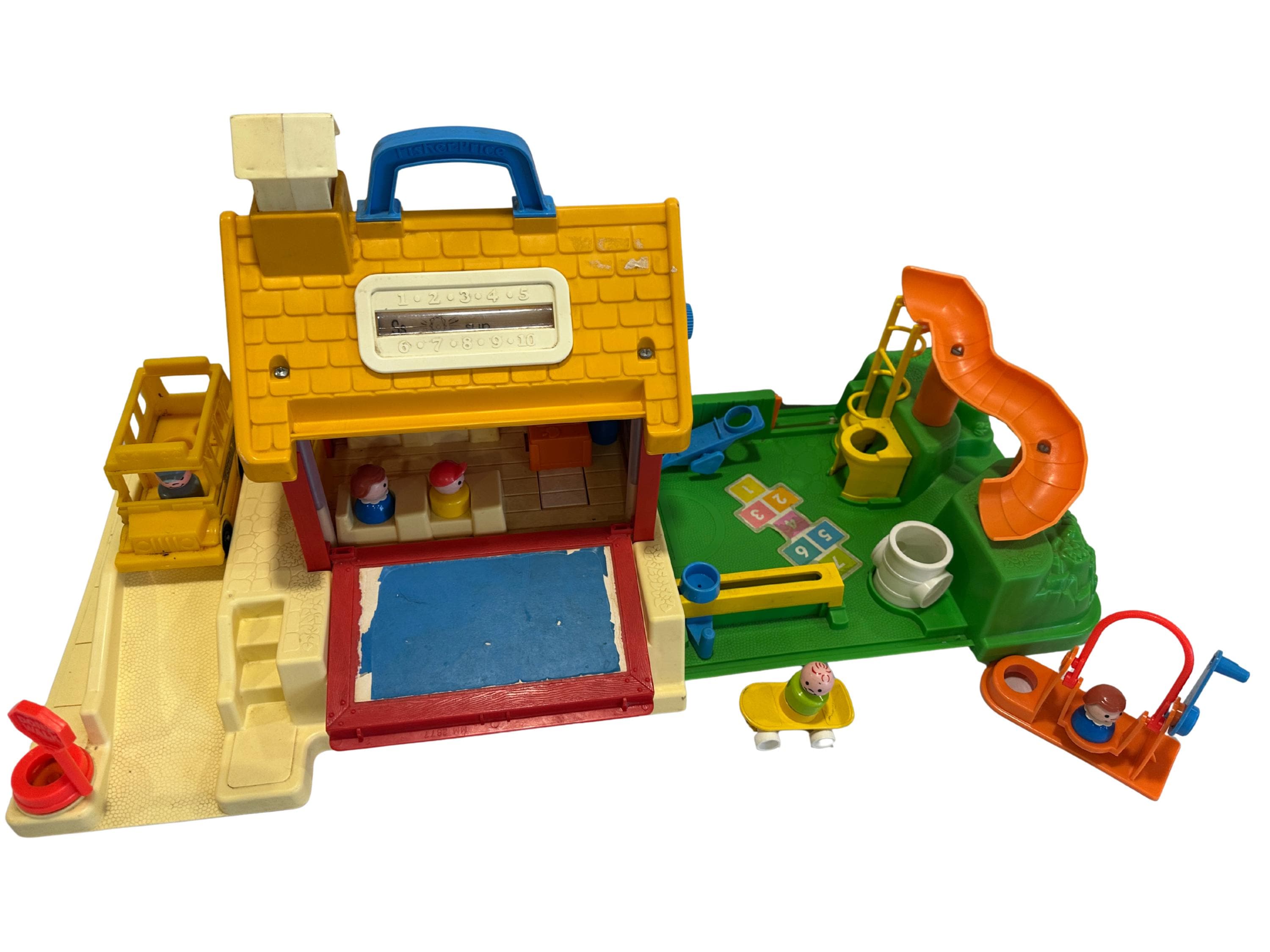 Vintage fisher-price play family schoolhouse #923 with bus, figures and playground accessories