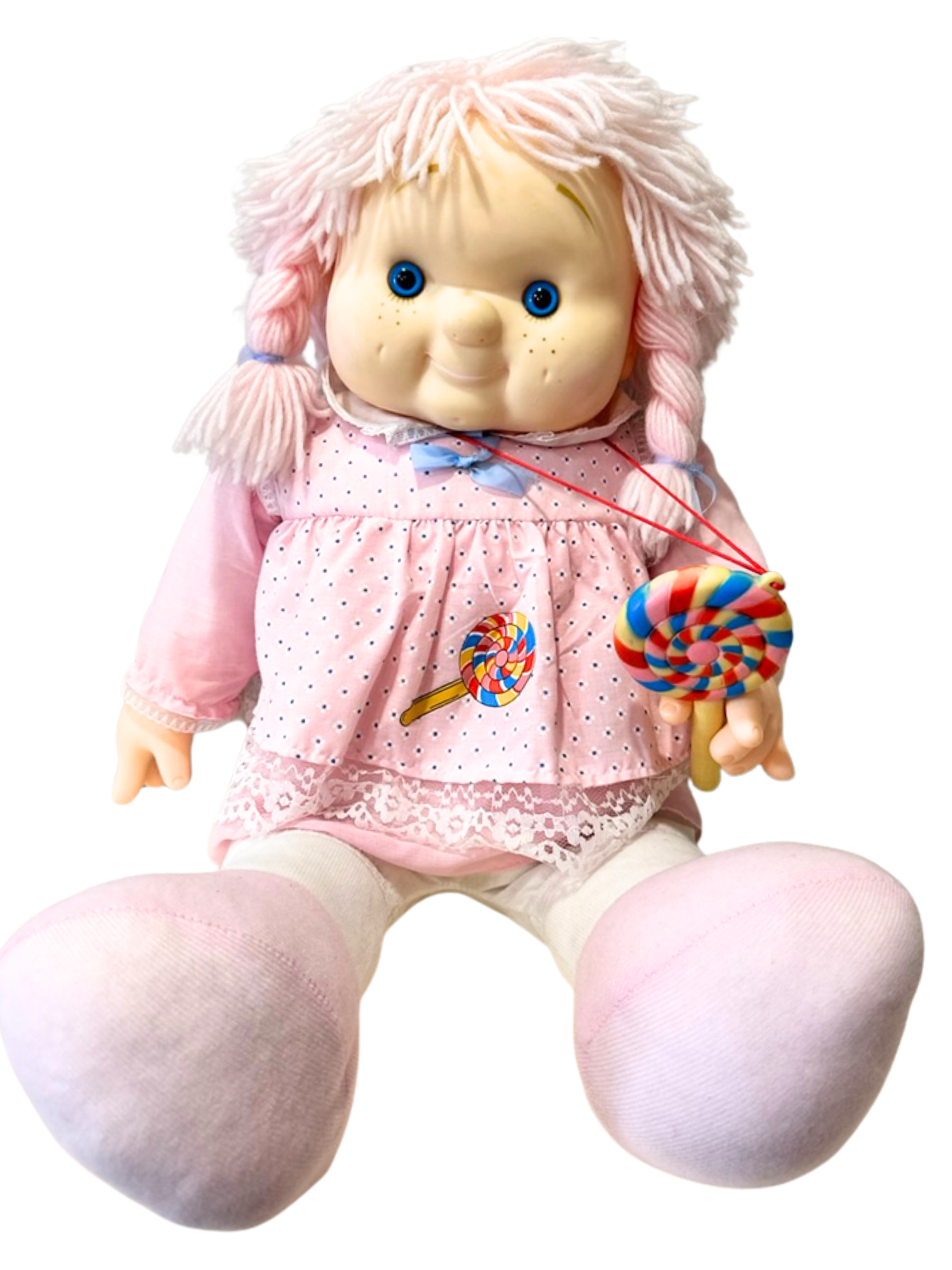 Vintage 1984 Lollipop Doll Large Plush Doll Pink Dress Yarn Hair Blue Eyes Retro