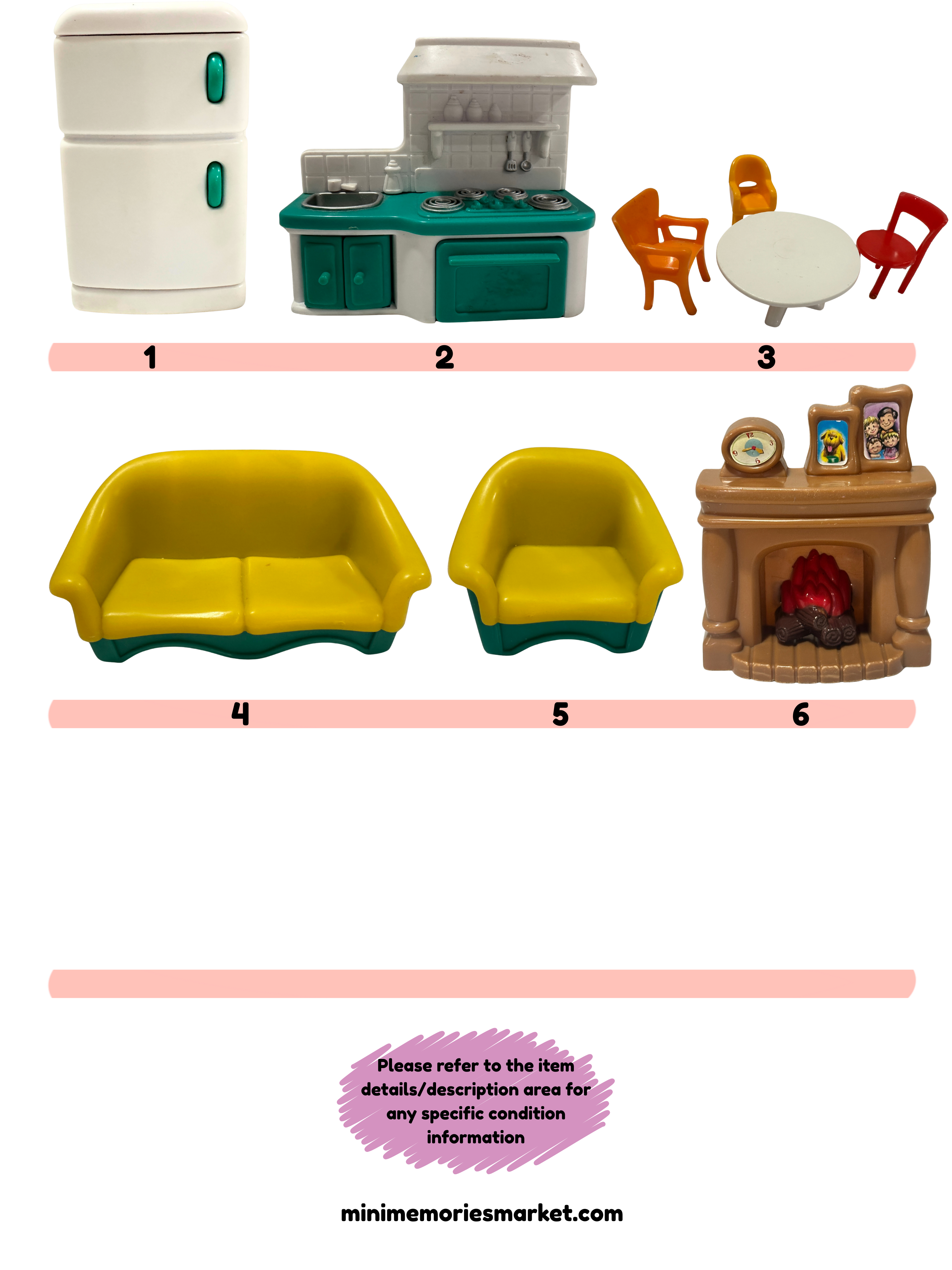 Vintage keenway dollhouse furniture: retro kitchen, couch, chairs, fireplace