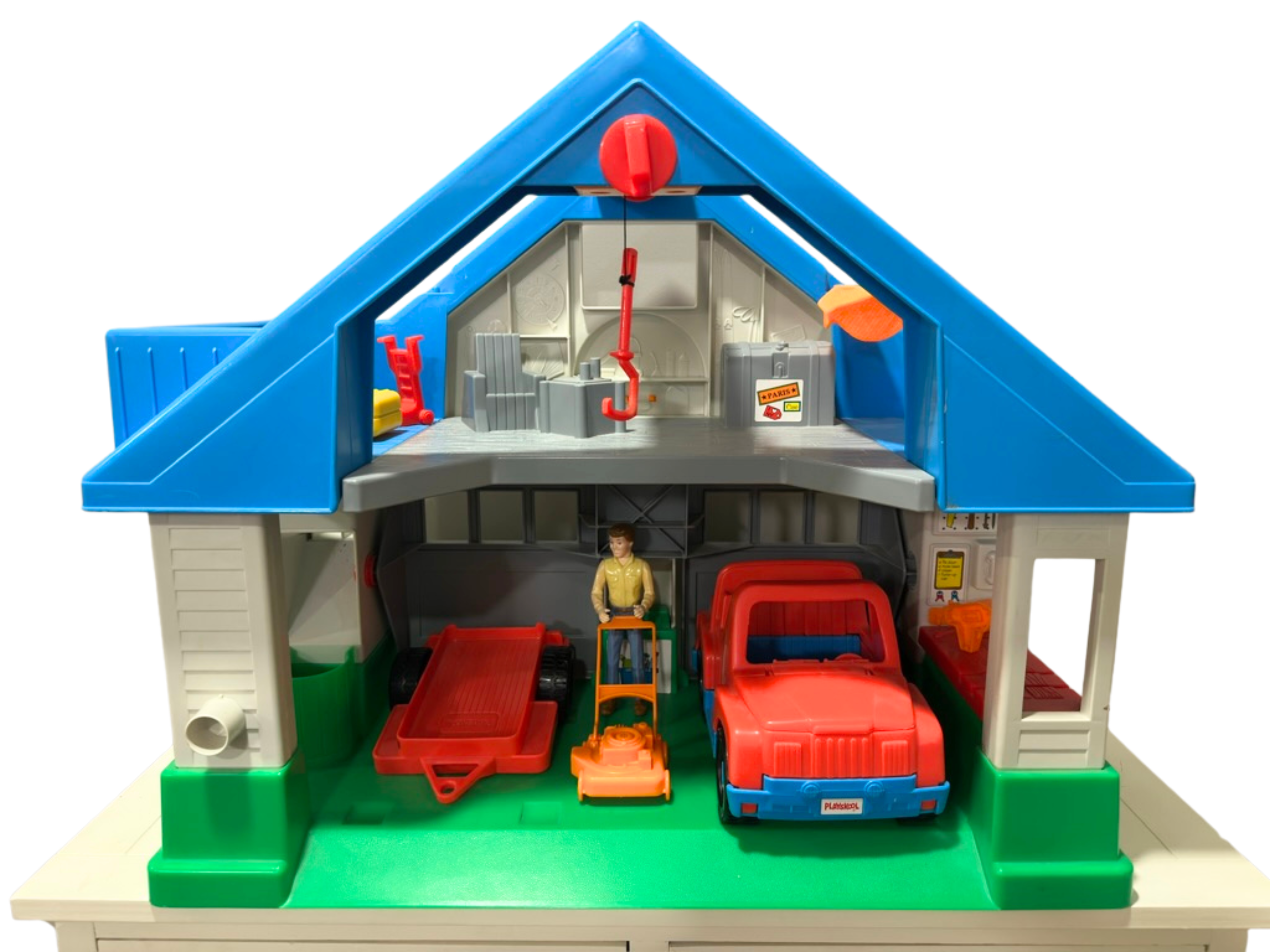 Vintage 80s 90s Playskool Garage Playset w/ Truck, Trailer & Accessories