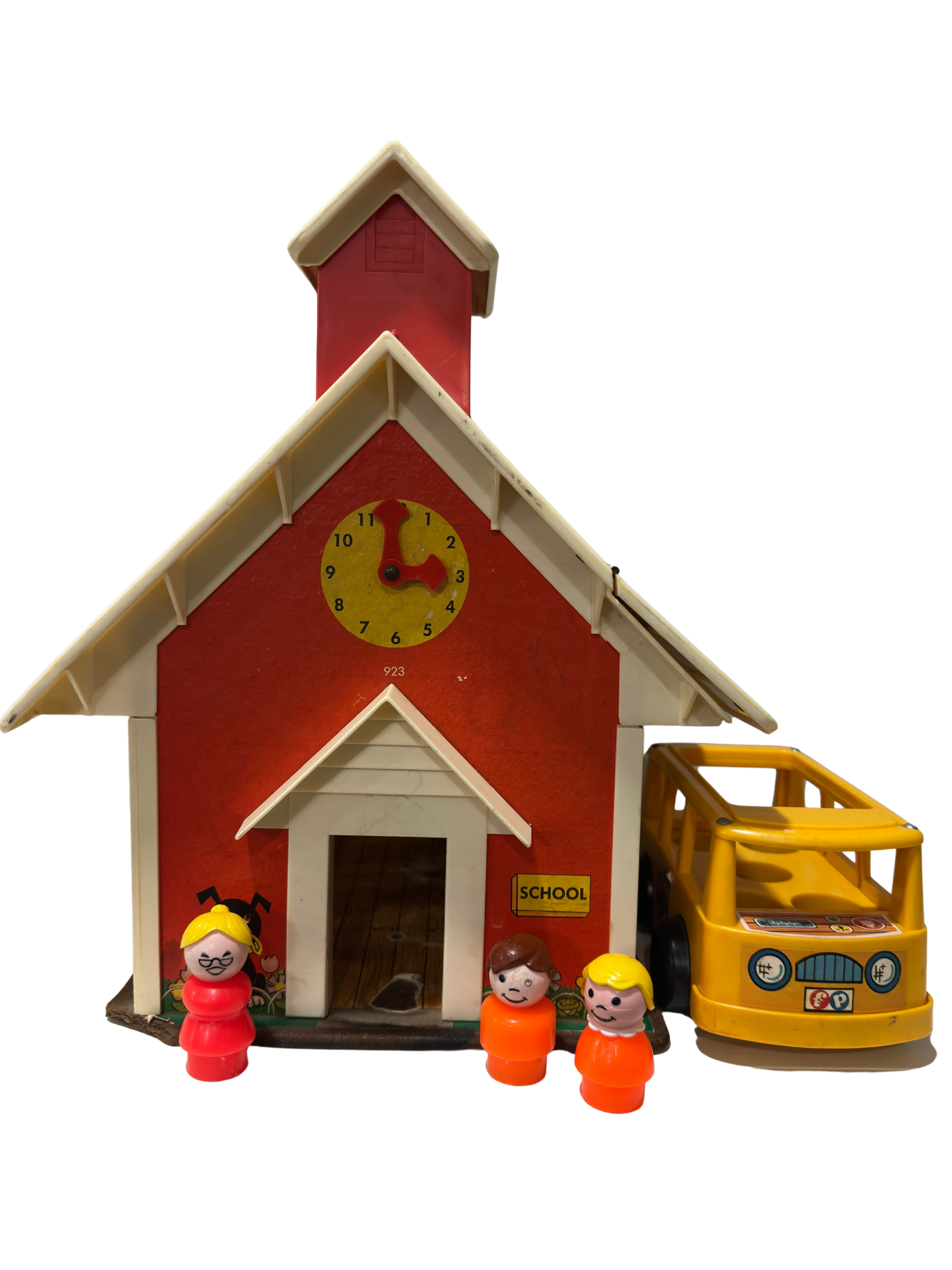 Vintage Fisher Price Schoolhouse #923 1970s Little People School + Bus Figures Toy Playset Retro Preschool Toy