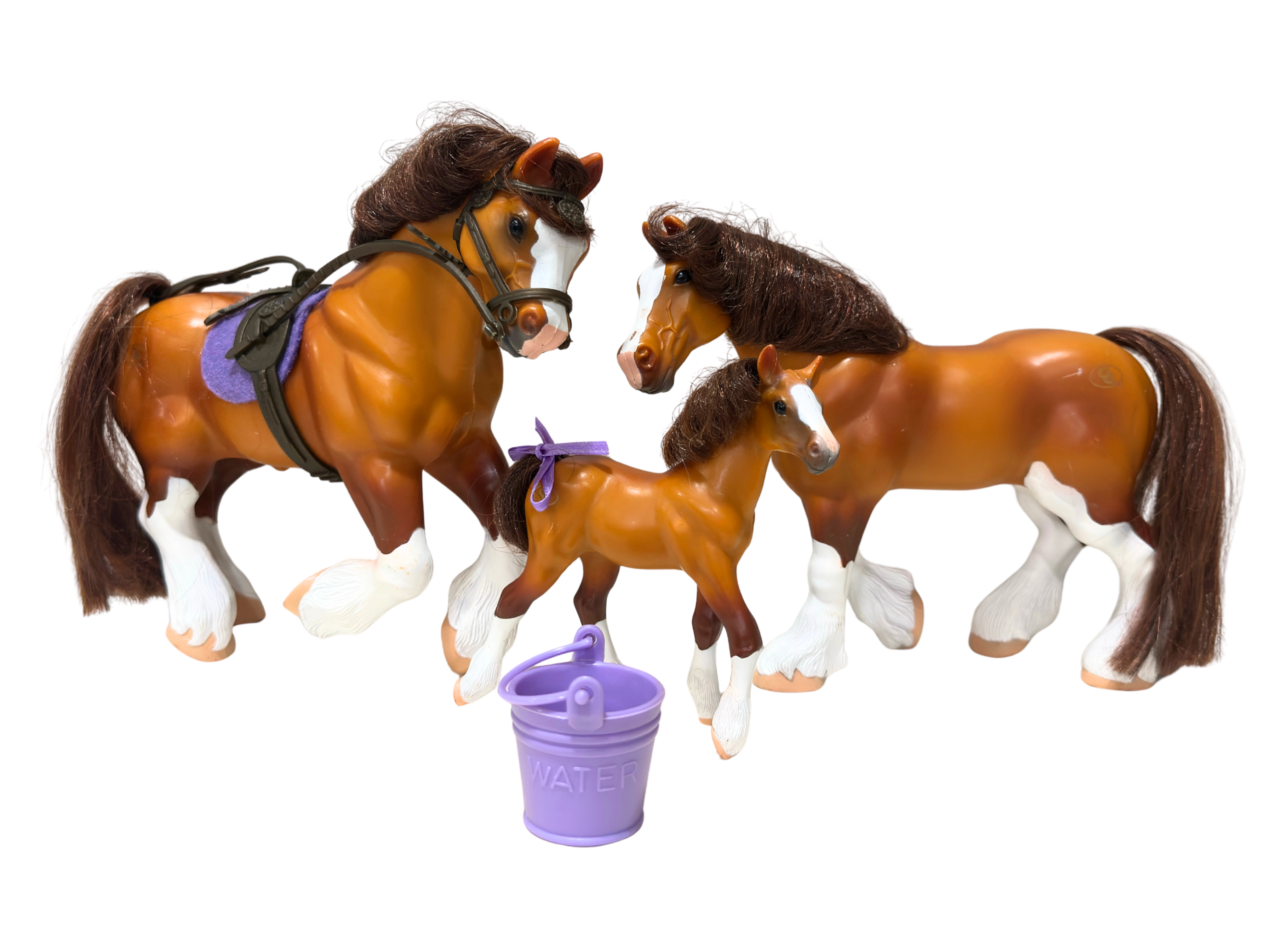 Vintage Brown Horse Family Set Draft Horses Foal Tack Bucket Breyer Style Toy Lot