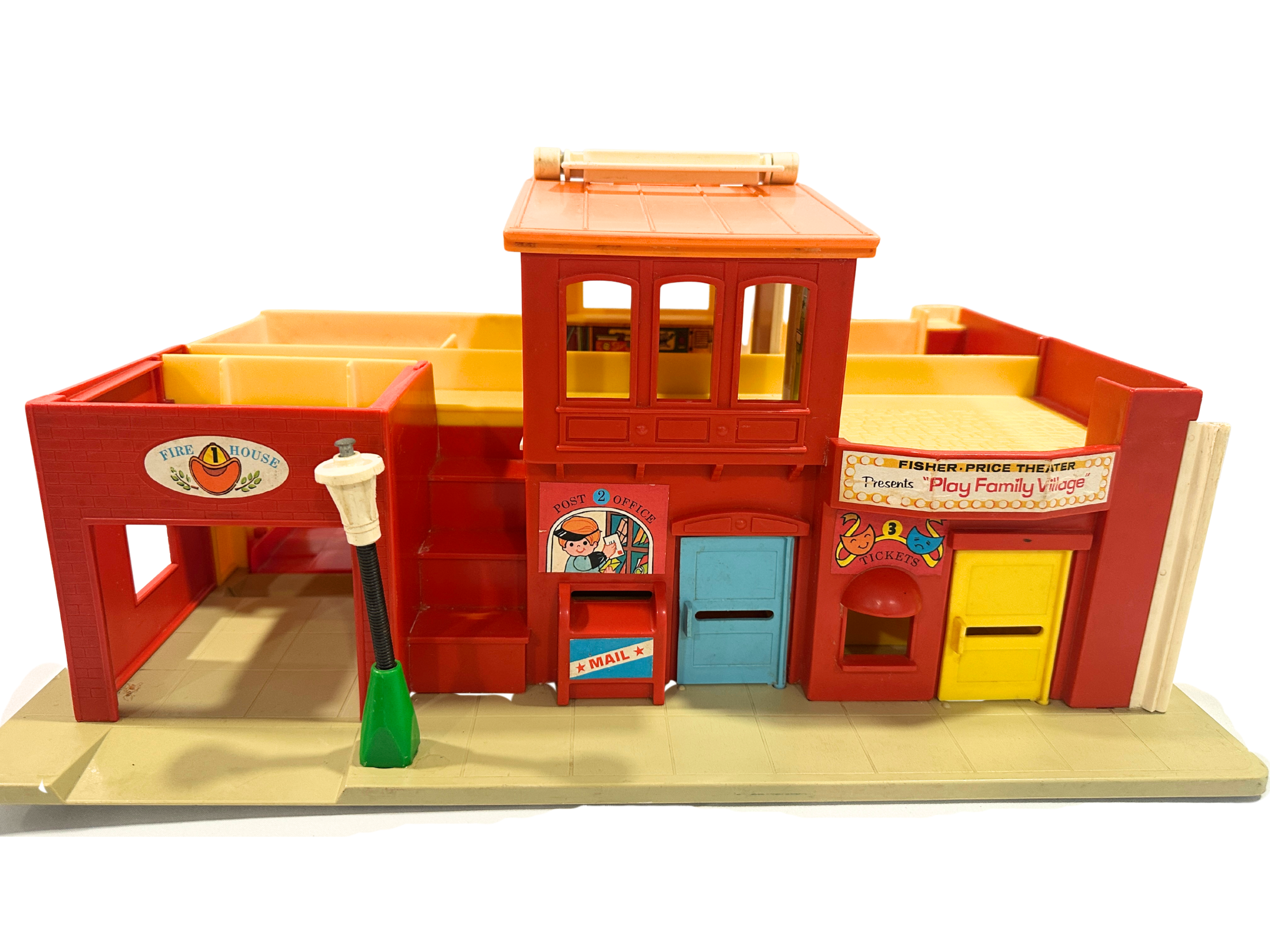 Vintage fisher price play family village main street, barber shop, police, and fire garage set
