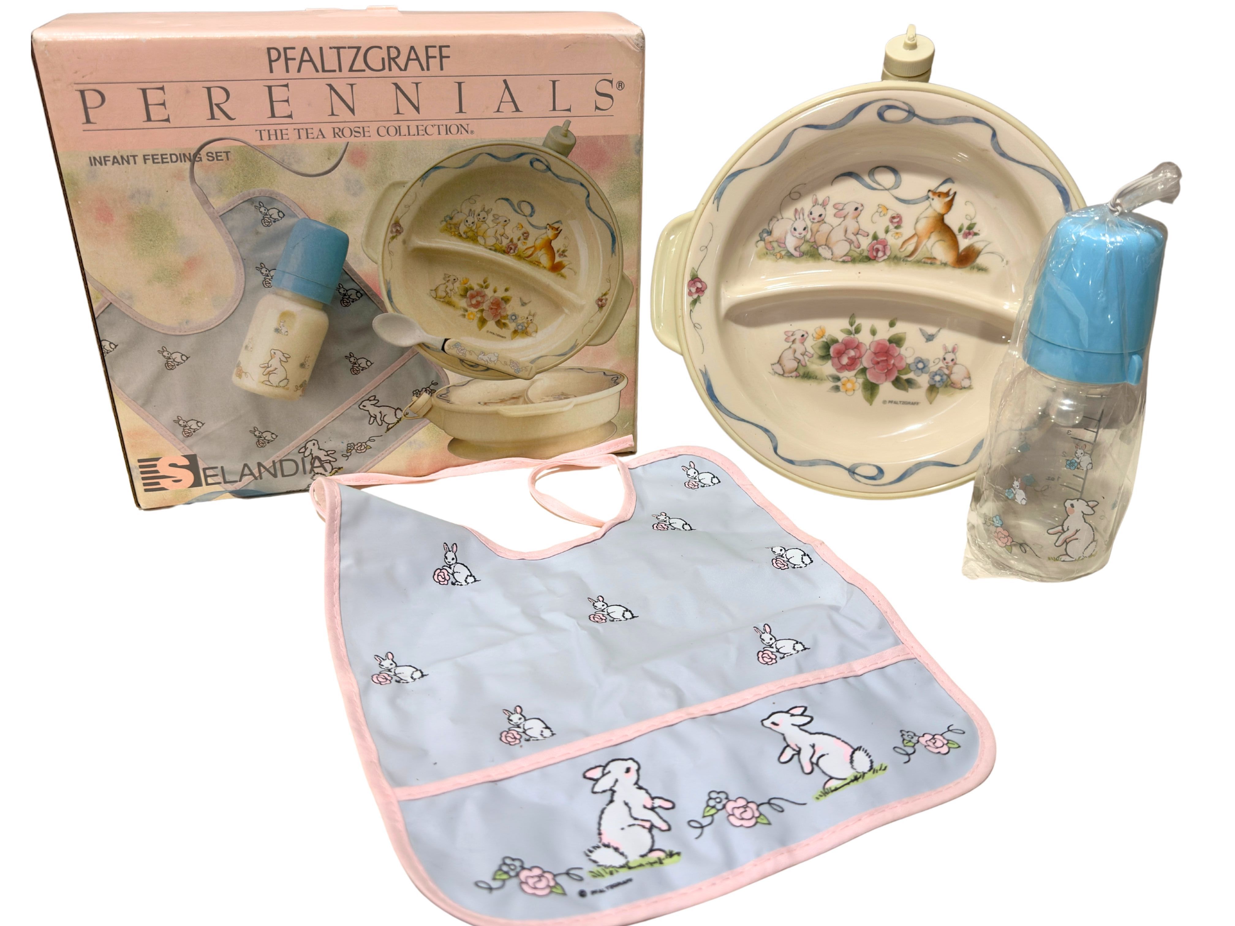 Vintage Pfaltzgraff Baby Dining Set | Charger Plate Bib Bottle Set | Rabbits