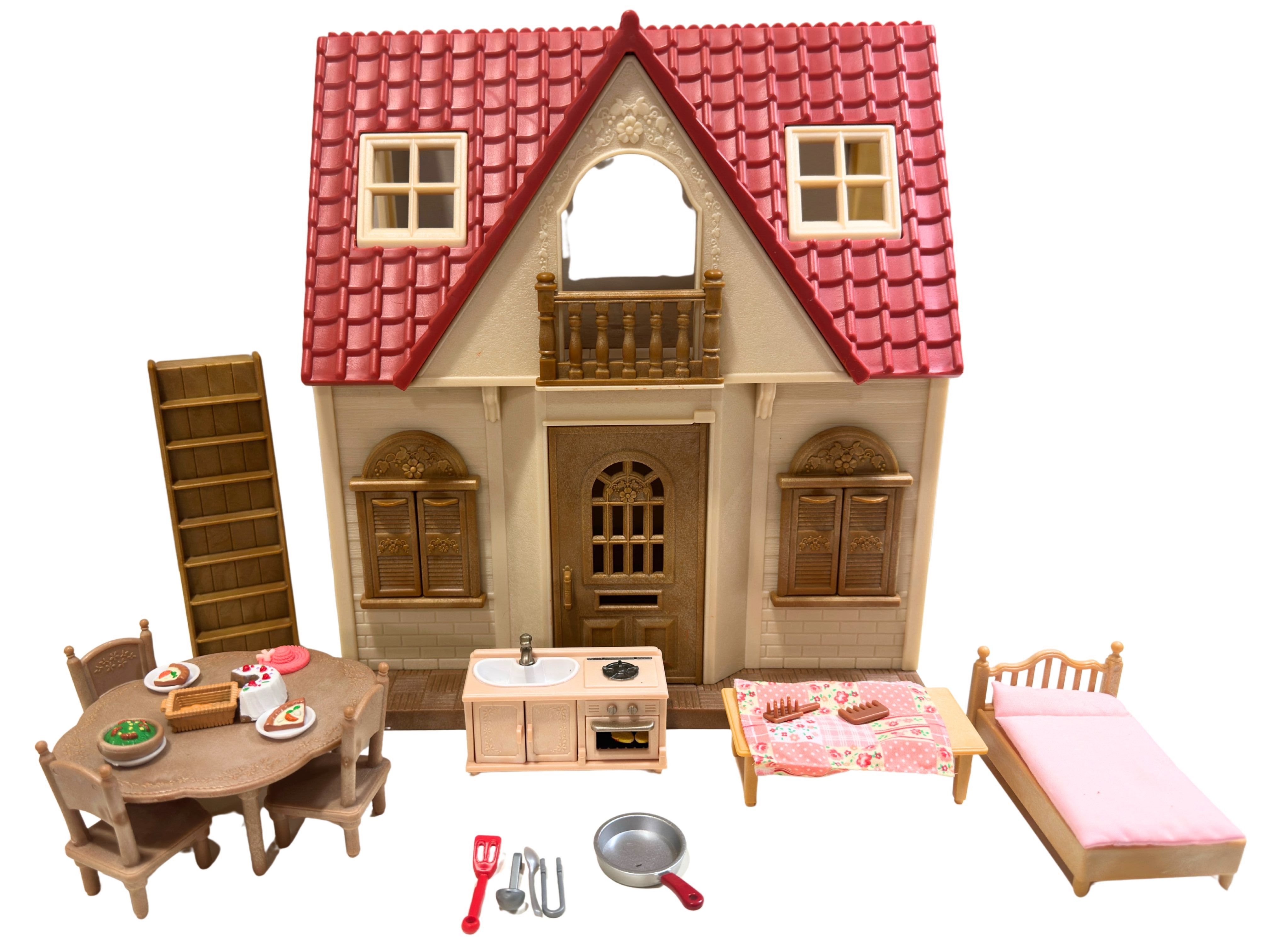 Vintage Calico Critters Cozy Cottage House Playset w/ Furniture, Food & Kitchen Accessories, Sylvanian Families Dollhouse