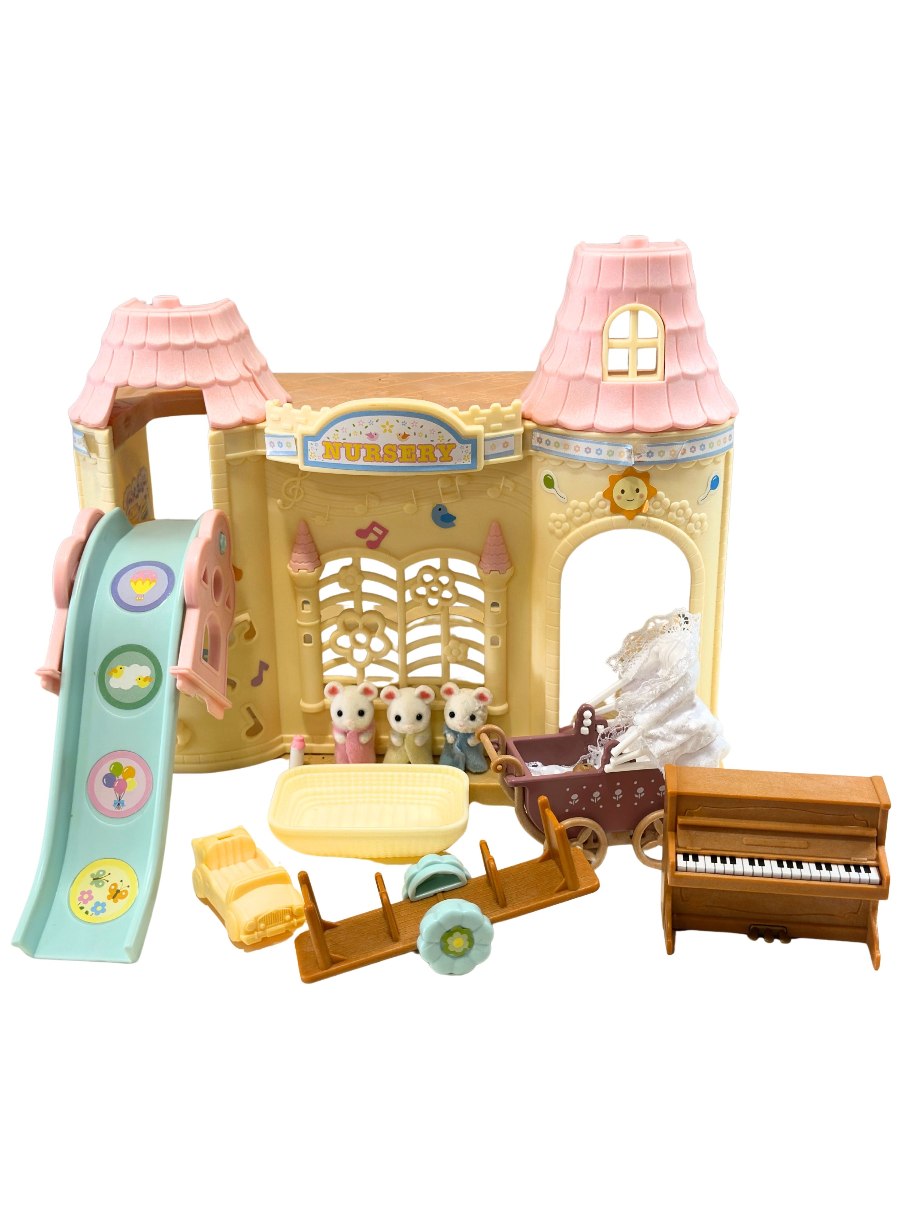 Calico Critters Nursery Playhouse Lot w/ Triplet Babies, Piano, Slide & Vintage Stroller