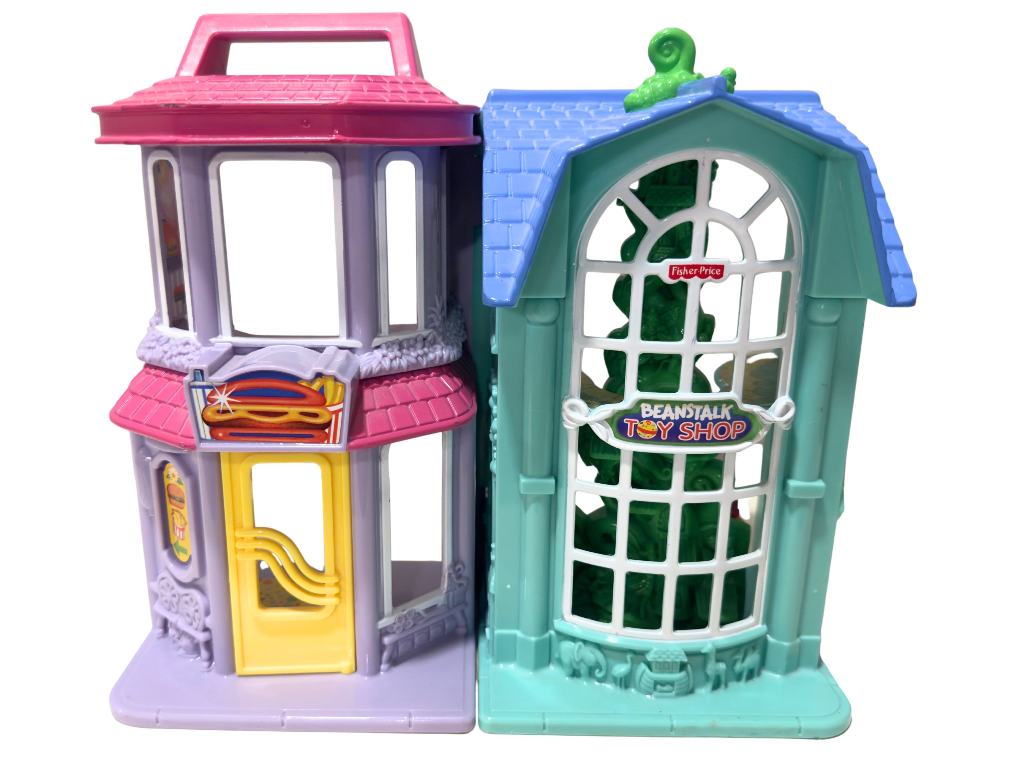 Vintage Fisher Price Sweet Streets Beanstalk Toy Shop & Hot Dog Diner Playset Bundle | 2002 Mattel Folding Dollhouse Stores