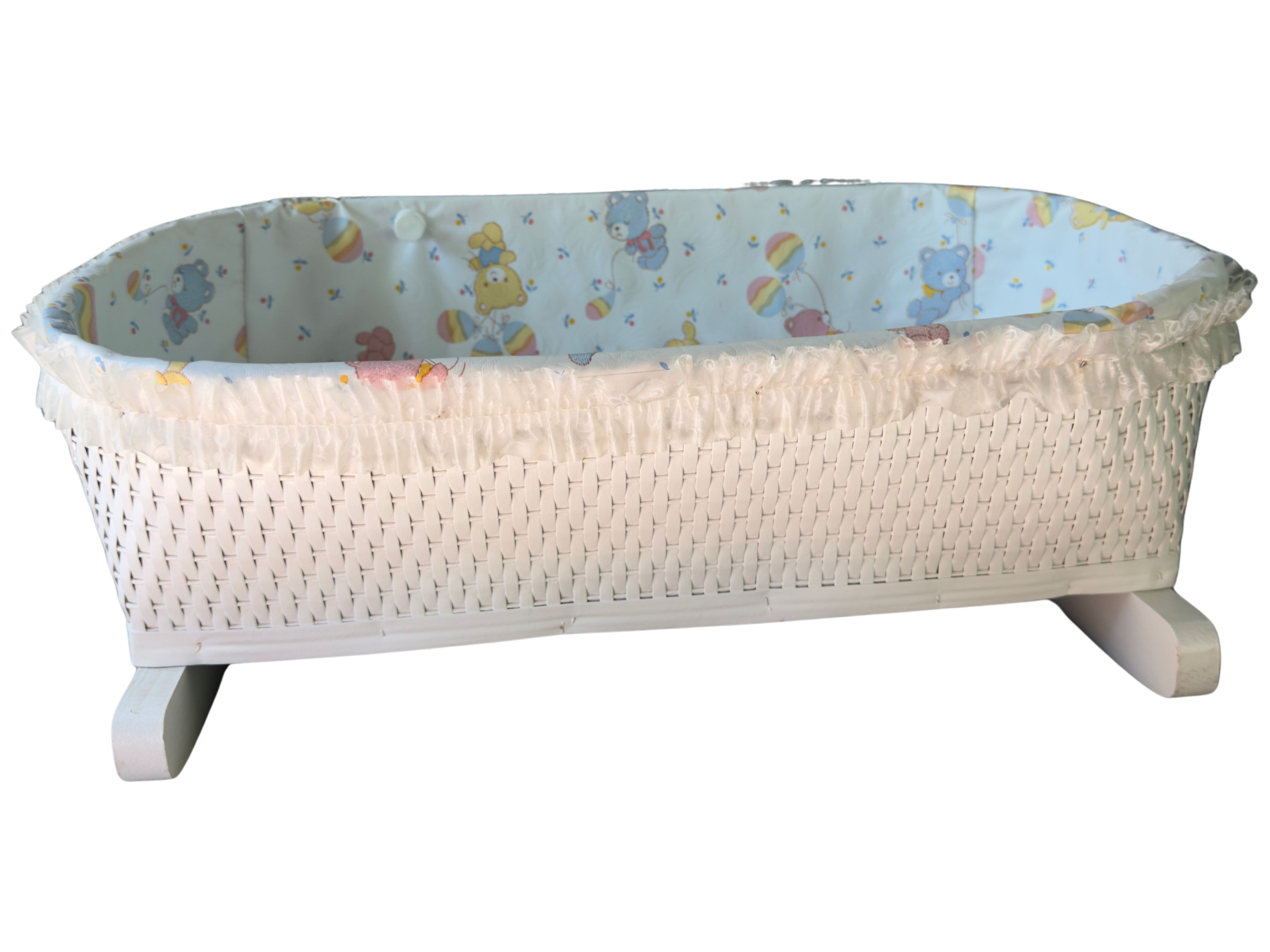 Vintage Doll Rocking Cradle Bassinet White Wicker Style Crib with Teddy Bear Liner Missing Canopy