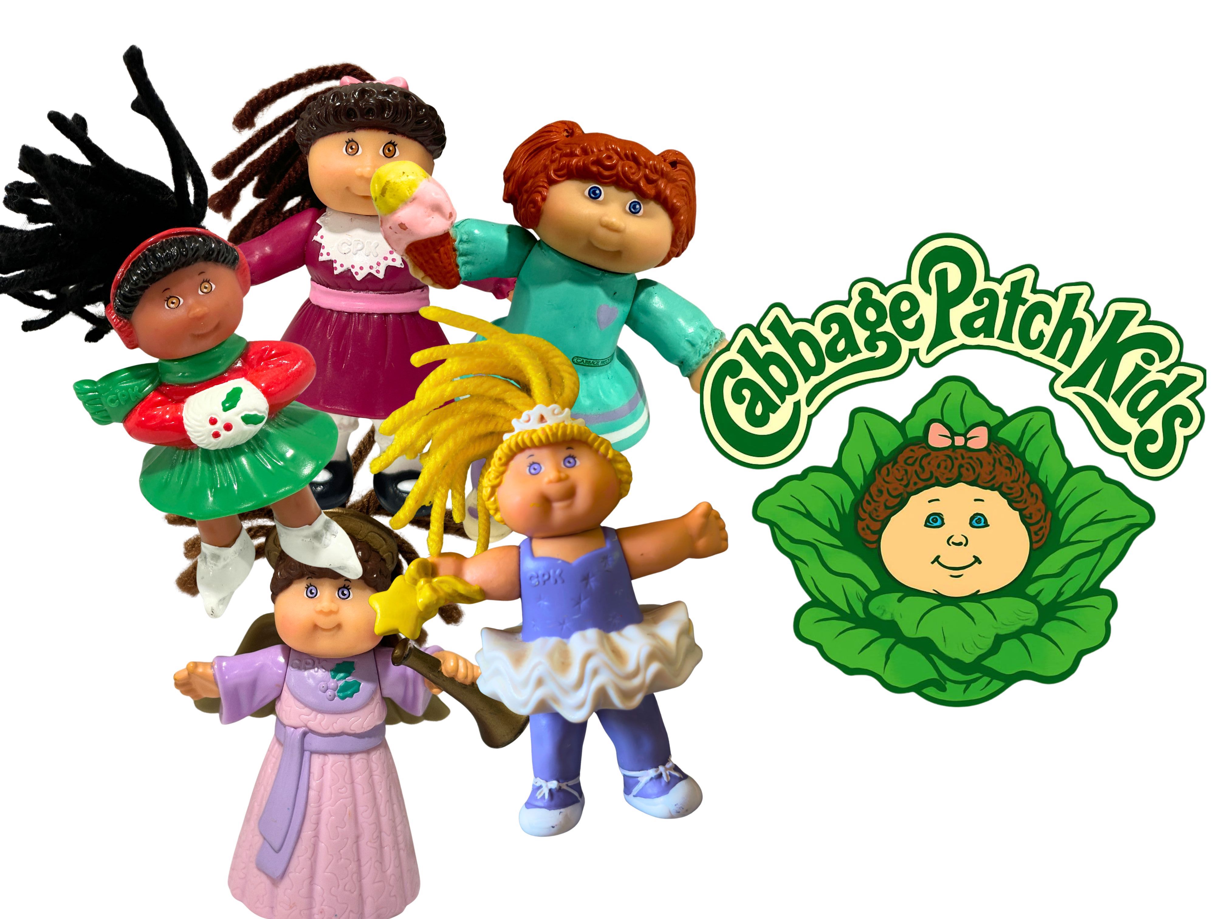 Vintage cabbage patch kids mini figures choose your piece yarn hair cpk dollhouse toy angel girl trumpet holiday girl with gift
