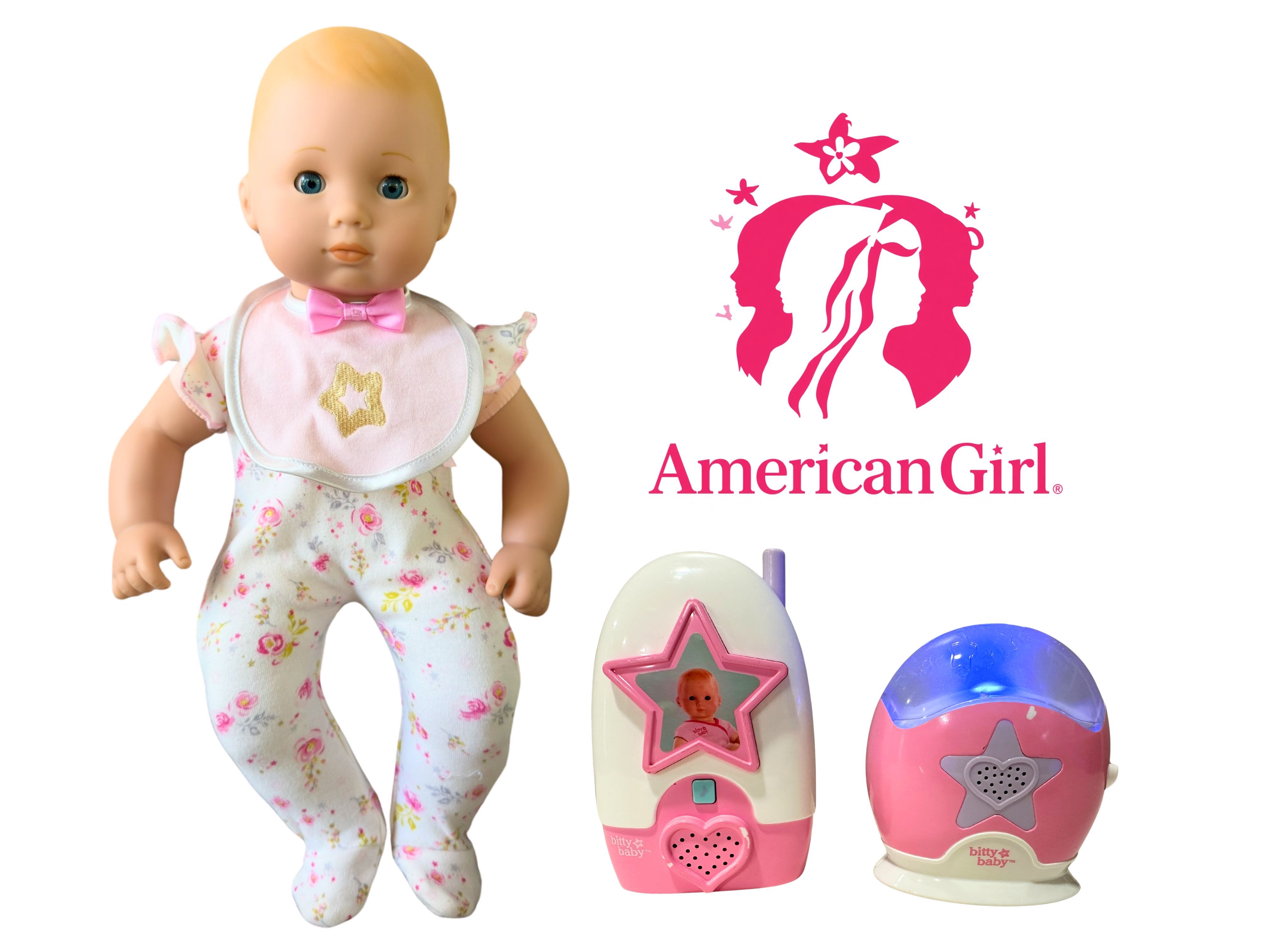 American Girl Bitty Baby Doll with Floral Sleeper, Bib & Working Baby Monitor Set | 2017 Bitty Baby Accessories