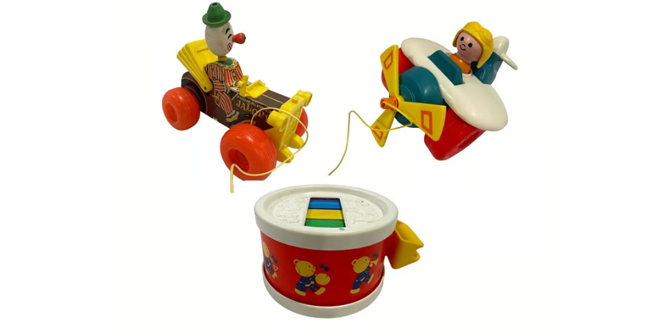 Vintage Fisher Price Toy Lot Jalopy 724, Airplane, Drum Pull Toys