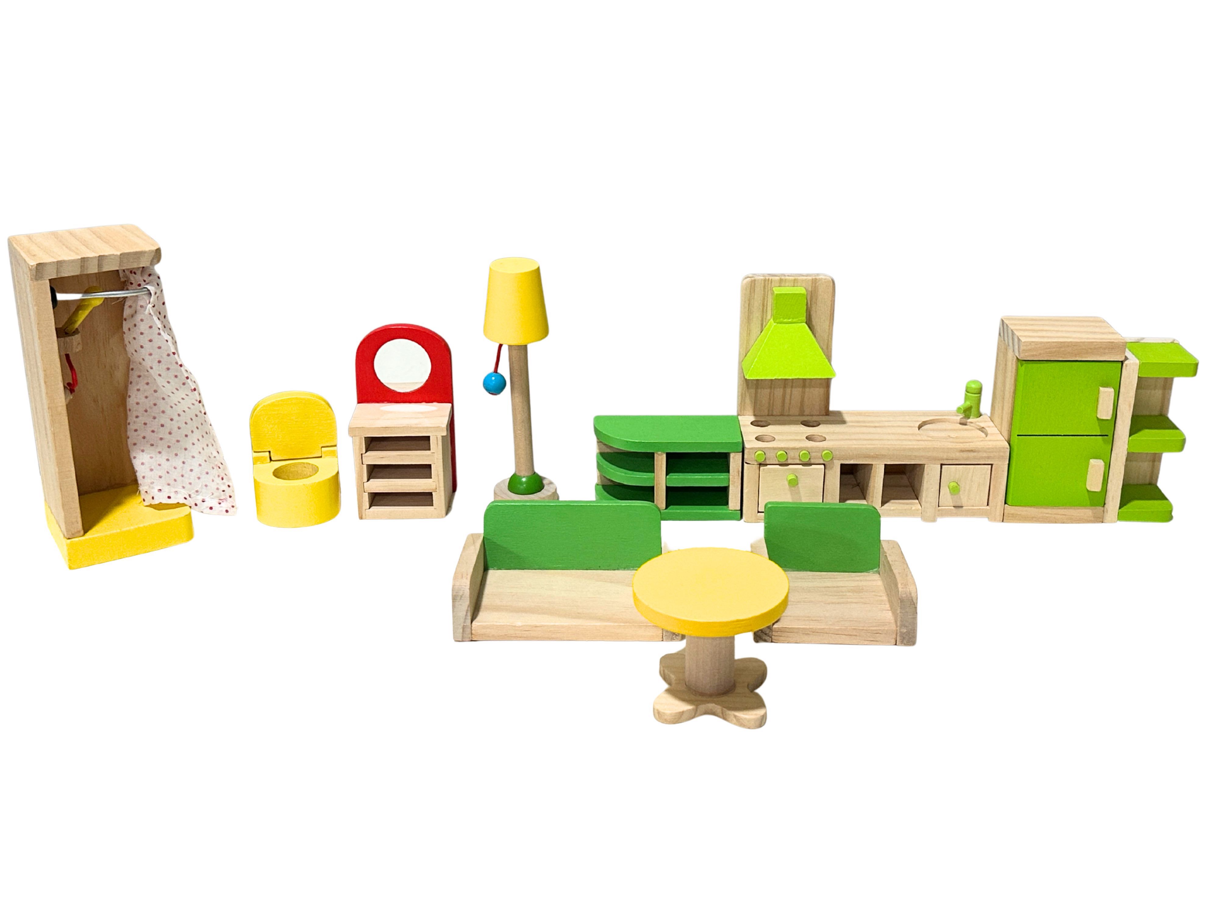 Wooden Dollhouse Furniture Bundle Green & Yellow Modern Miniature Kitchen Living Room Bathroom Set