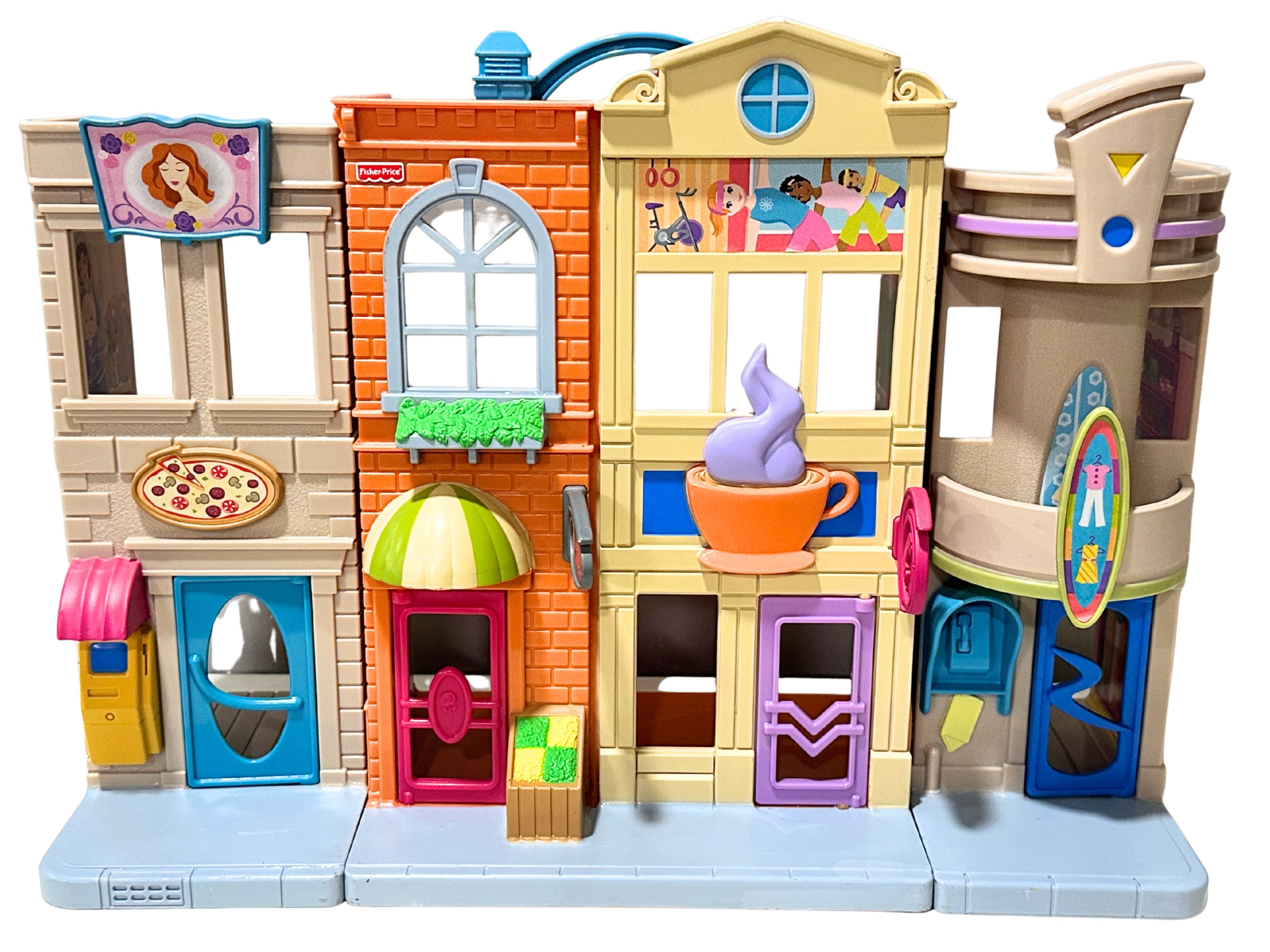 Vintage 2005 Fisher Price Sweet Streets Main Street Shopping Mall Playset Fold N Go Boutique Pizza Shop Gym Salon Coffee Shop